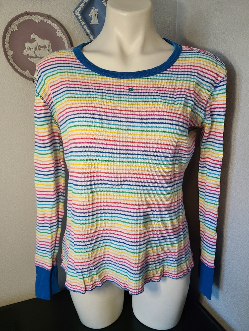 Vintage 1997 Victoria's Secret Thermal Top Size M 100% Cotton Rainbow Stripe Y2K